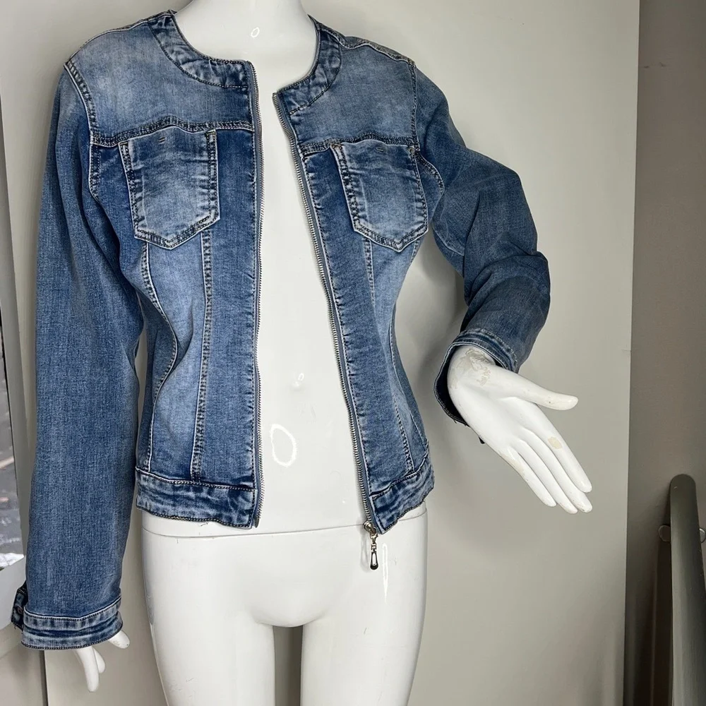 POP Seven Sz XL Zip Front Collarless Stretch Cotton Denim Jacket